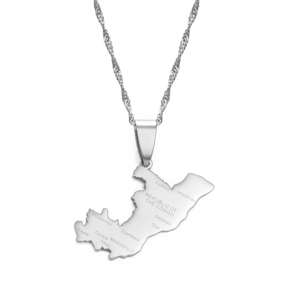 Anniyo Republic of the Congo Map & City Name Charm Pendant Necklaces Brazzaville Ethnic Ornament Jewelry #175921 45cm Thin Chain