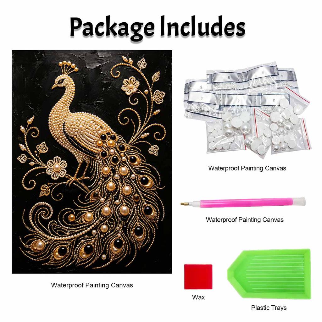 Peacock Pearl Painting Kit Features 5D Pearls and a Luxury Mosaic Art Style. Designed for Elegant Home Wall Decoration.