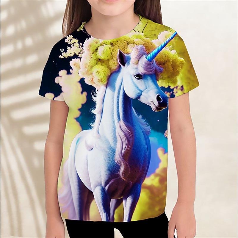 Girls' 3D Graphic Unicorn Cloud T shirt Tee Short Sleeve Summer Spring Active Fashion Cute Kids