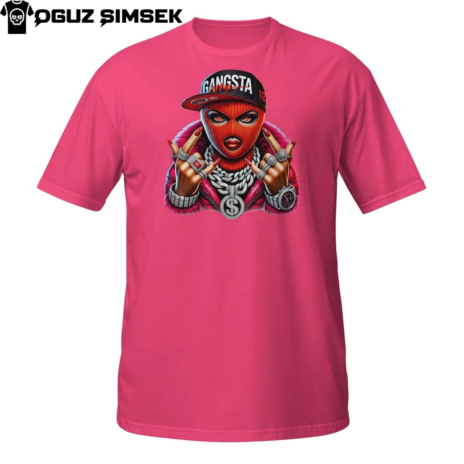 Gangsta Girl T-Shirt Mens Womens Tees Top – Urban Hip Hop Style with Red Ski Mask and Rock On Sign 3XL