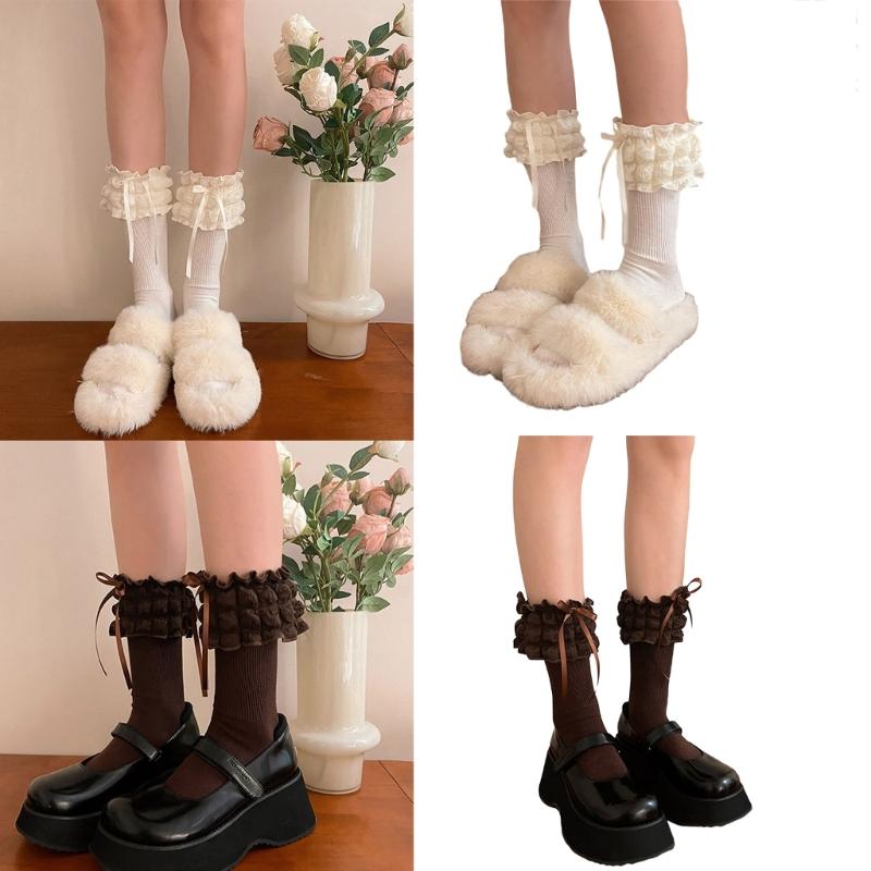 1 Pair Princess Style Dress Socks for Girls Sweet Frilly Socks Ballet Socks Ruffle Ankle Socks with Bows Lace Top Sock
