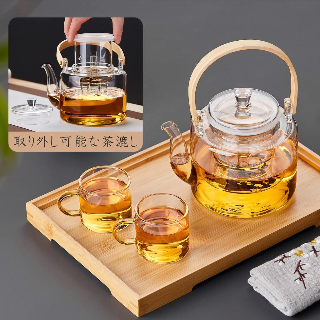 Pokaro Tea Teapot, Heat-Resistant Glass, Stylish Teapot, Teapot, Clear Glass, Stovetop-Safe, Large Capacity (1000ml), with Glass Tea Strainer, Bamboo