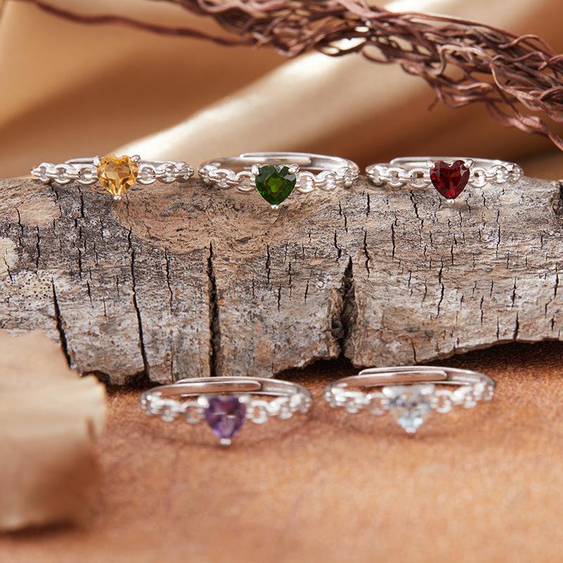 Natural Amethyst Topa Garnet Diopside Colored Treasure Love Ring Women'S S925 Sterling Silver Heart-Shaped Index Finger Ring
