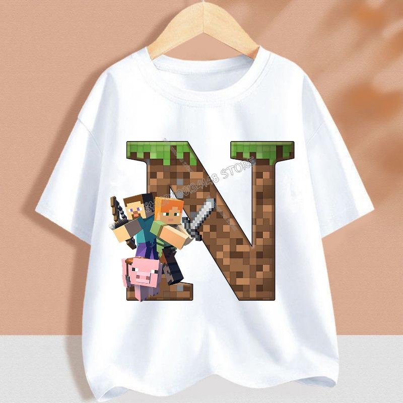 Hot Pixel Game T-shirt Children A-Z Letter White Clothes Cartoon Round Collar Clothing New Kids Short Sleeve Summer Tee Top Gift