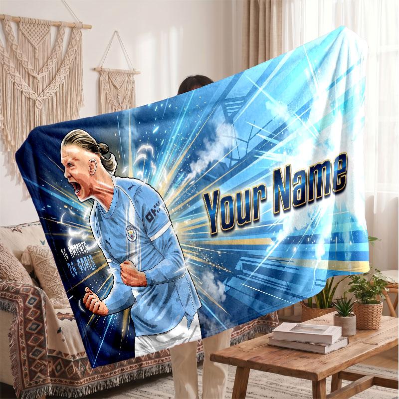 Erling Haaland Personalized Fleece Blanket With Football Logo, Custom Name Text Soft Warm Home Throw Blanket