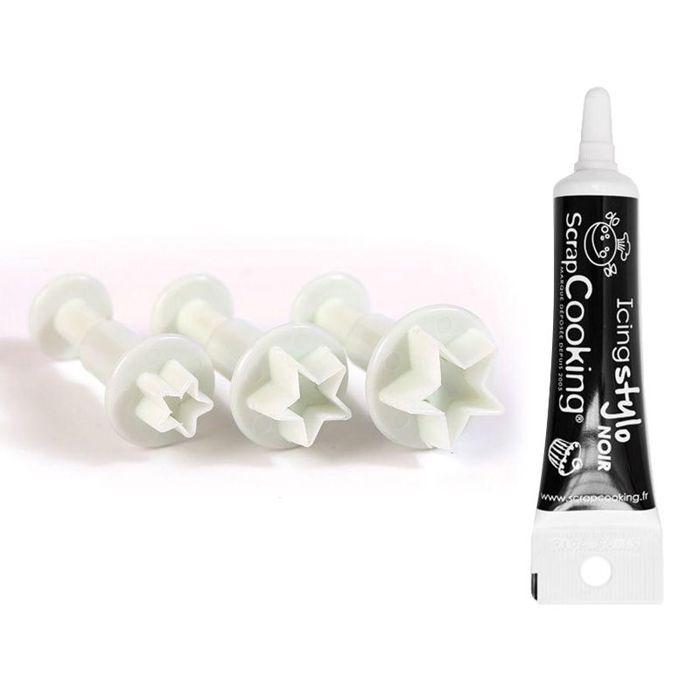 3 emporte-pièces à poussoir en plastique Etoile + Stylo de glaçage noir