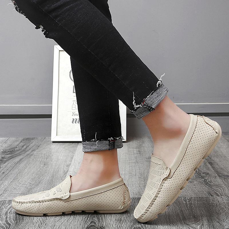 Mens Genuine Leather Loafers Breathable Hollow Out Flats Casual Slip On Driving Shoes Moccasins Summer Big Size