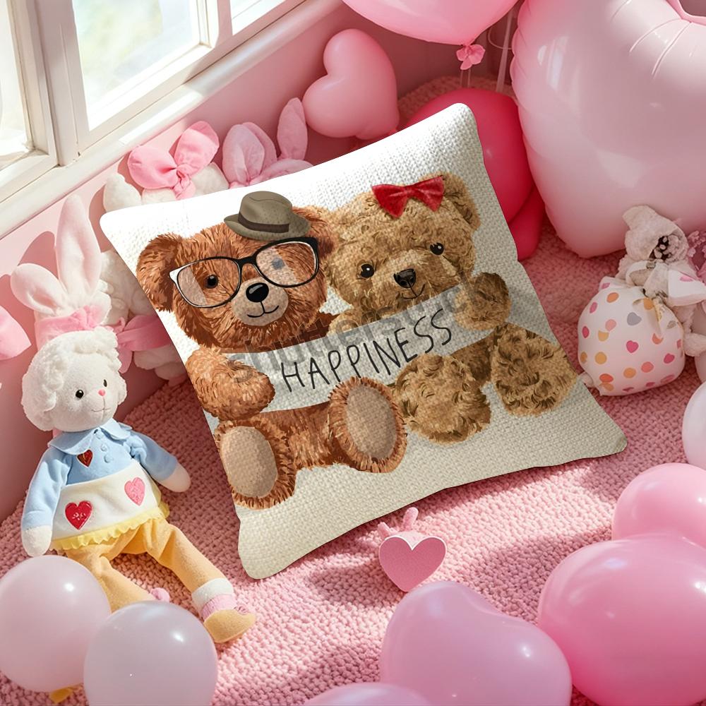 Friendship Companionship Teddy Bear Pillow Case Anti-Dustmite Pillowcase Invisible Zipper Silky Short Plush Sofa Cushion Cover