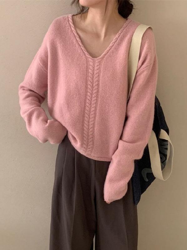 Women's V-neck Pullover Sweater Autumn and Winter New Loose Knit Sweater for Women