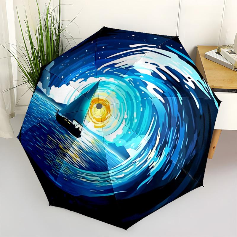

1pc Ocean Wave Automatic Opening/Closing Folding Umbrella with 8 Ribs, Plastic Handle, Windproof Portable Sunshade Umbrella yy251222201