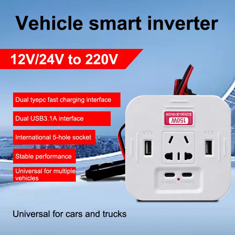 150W Car Power Inverter With Usb C Fast Charging Ac Outlets Fireproof Abs Shell For Road Trips Charging Multiple Electronics