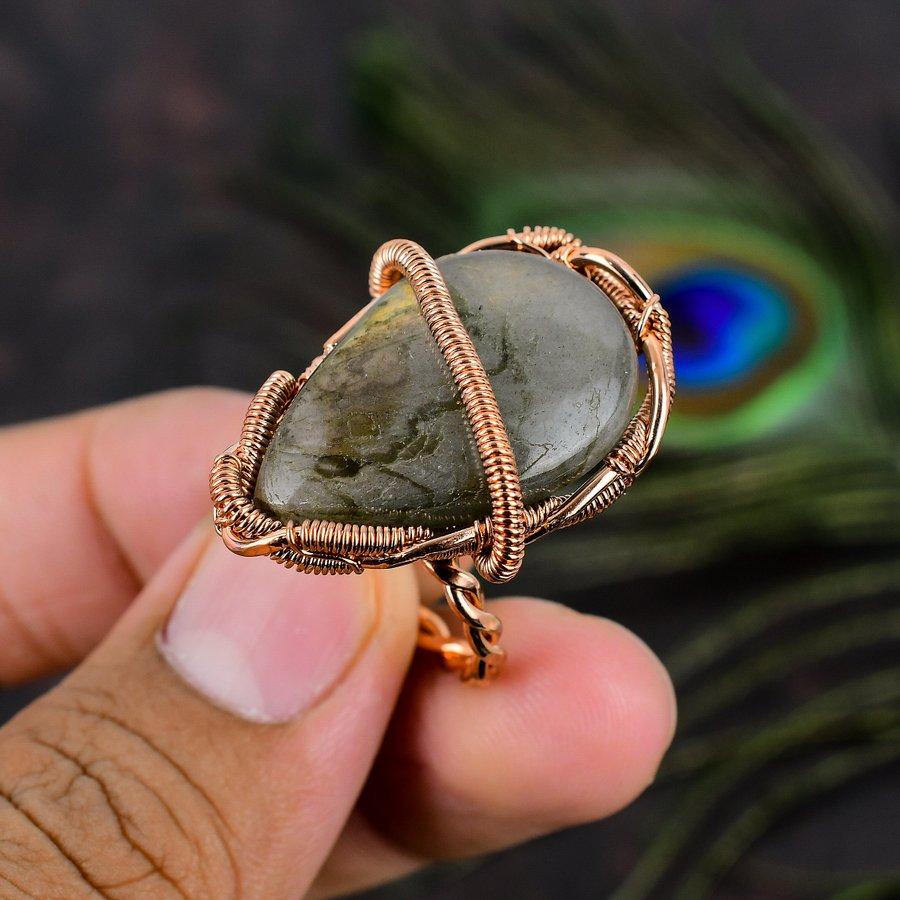 Natural Labradorite Gemstone Handmade Copper Wire Wrap Ring Size 8.5 c1E22