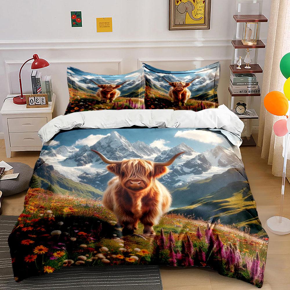 Highland Cow Landscape Decoration Set Soft Skin-Friendly Bedding Set Includes 1 Duvet Cover And 2 Pillowcase Gift