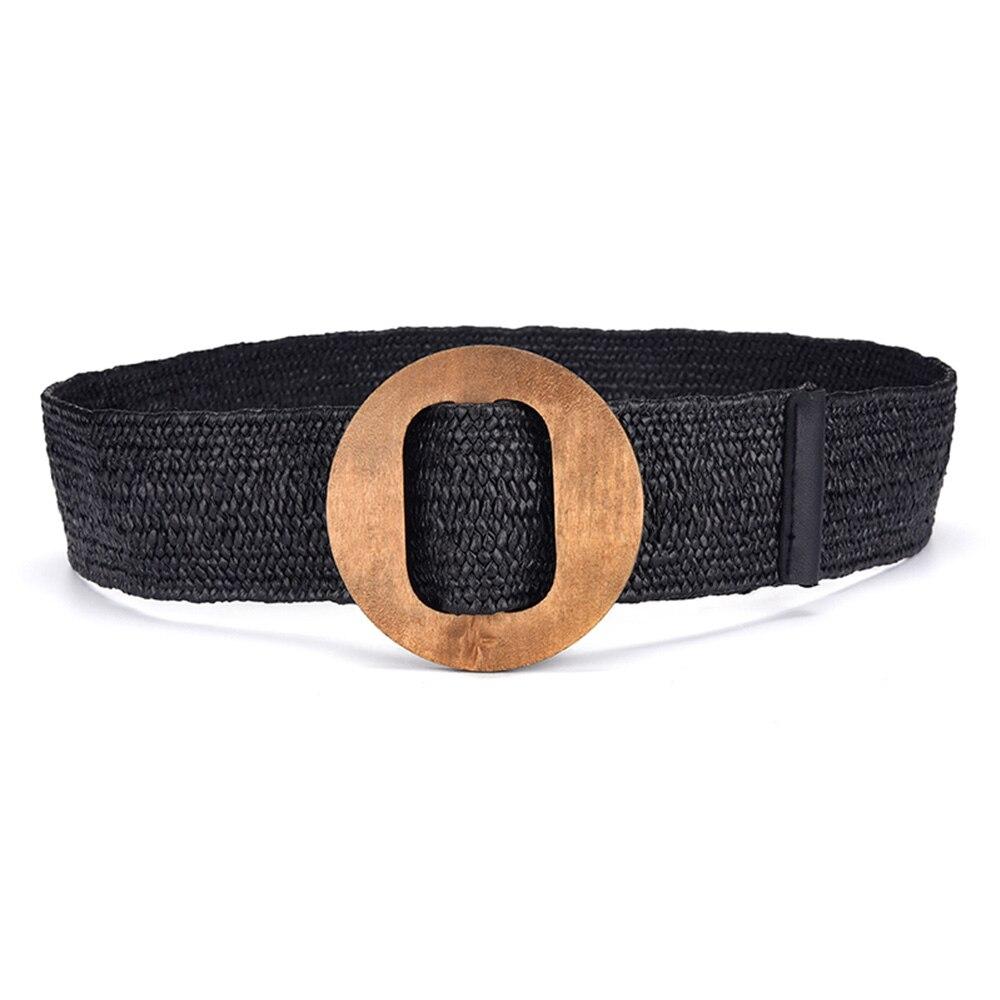 Women's Belt Elastic Woven Wide Belt PP Grass Waist Seal Wood Round Buckle Belt Fashion Ethnic Style Paired with Coat Skirt Belt