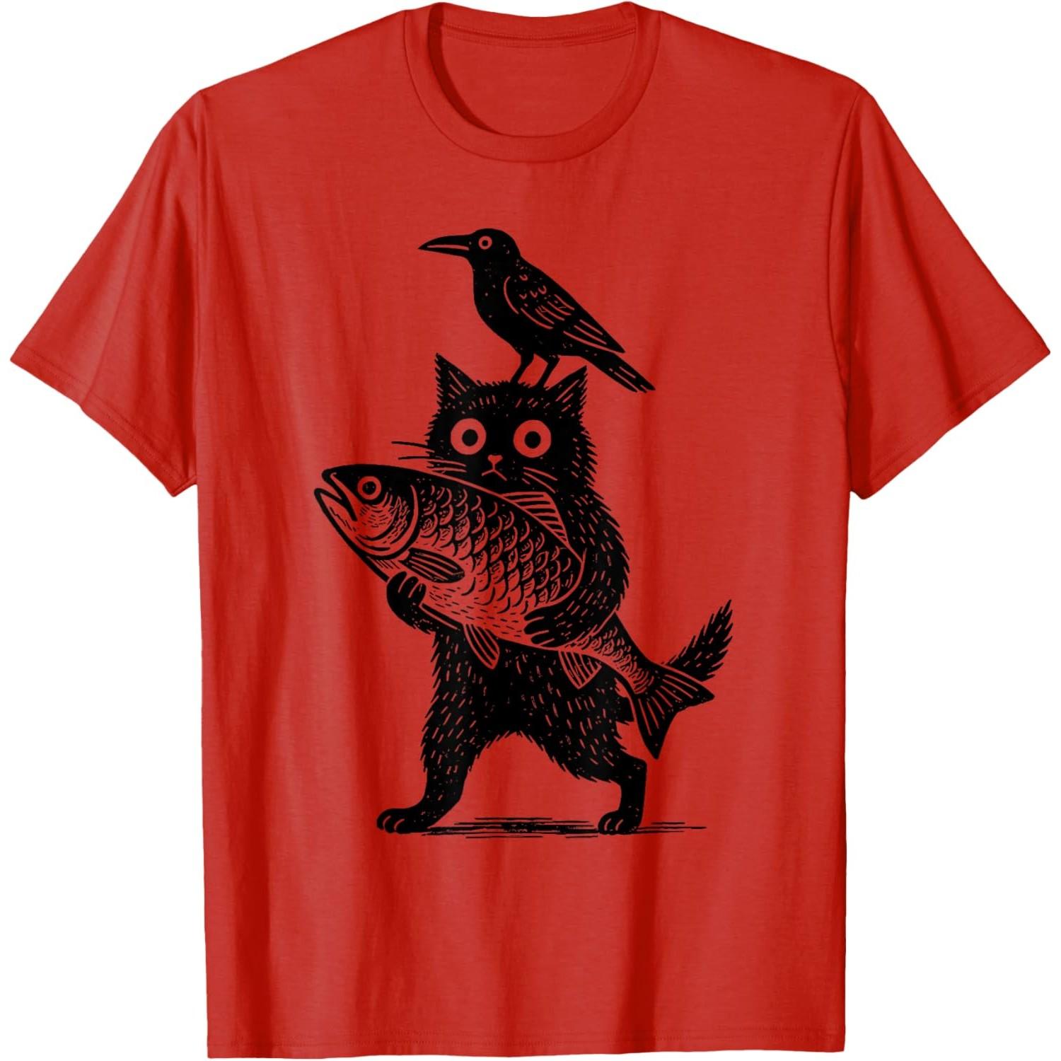 Черные Животные Забавная Кошка с Вороной Ловит Рыбу Японское Искусство Футболка S