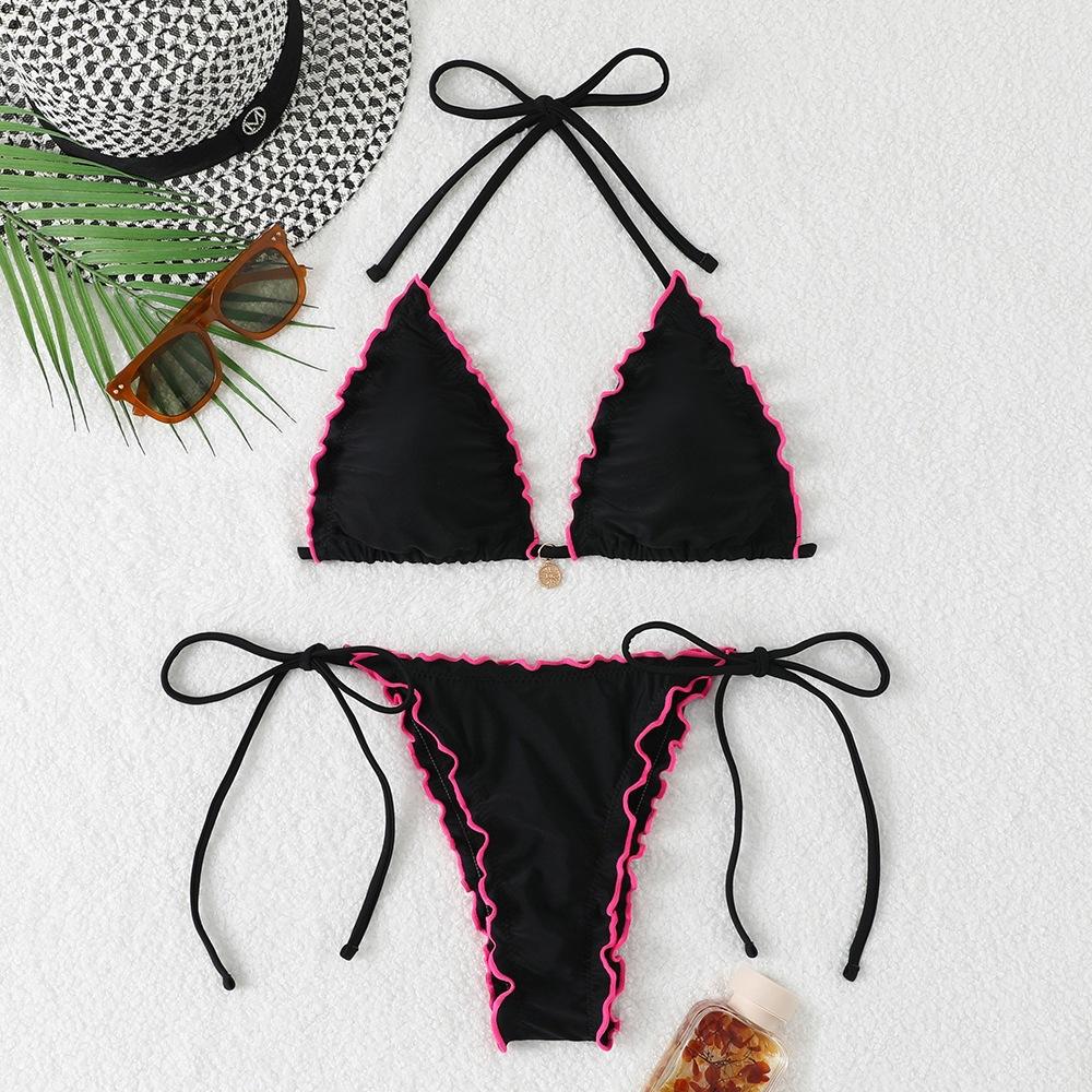 Women Nylon Split Bikini, Solid Color Lace Trim Sexy Two Piece Swimsuit Summer Beach Ladies Swimwear