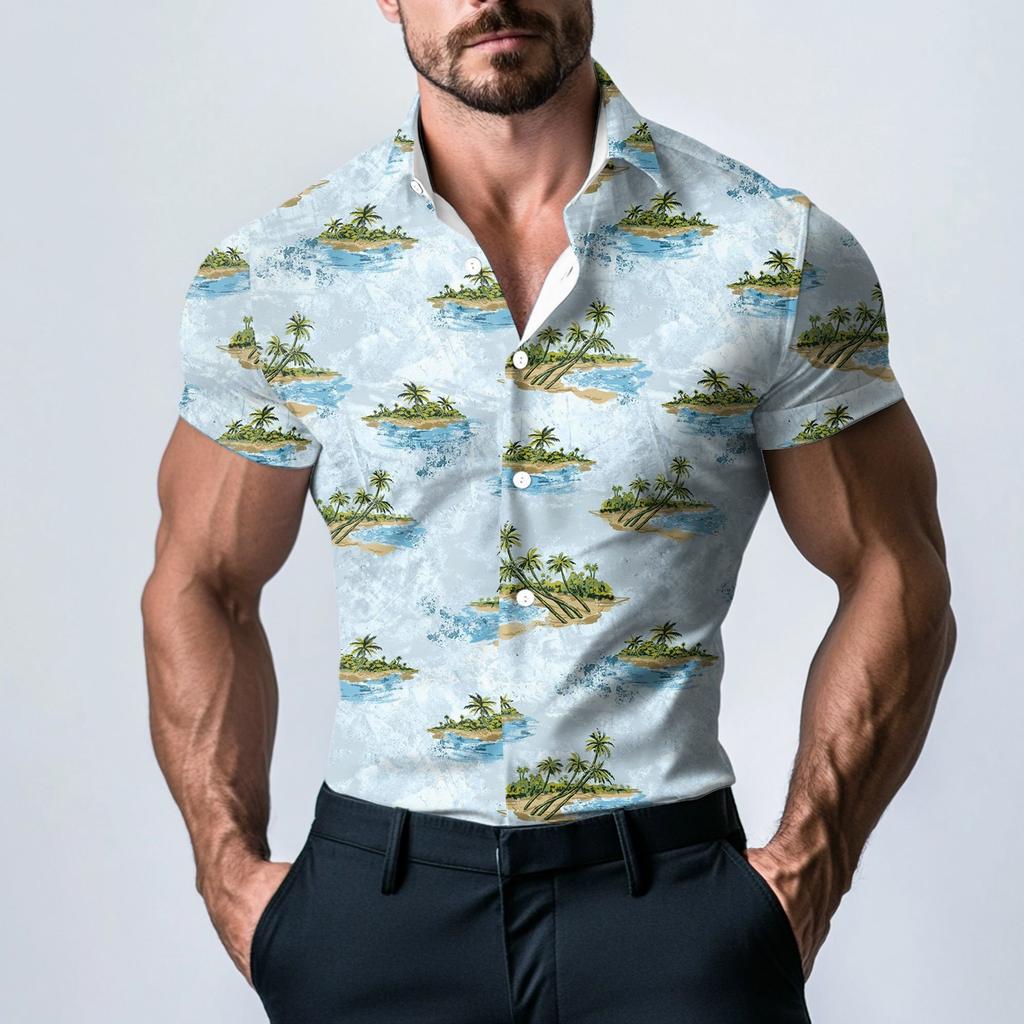 Men's Fashion Printed Satin Short Sleeve Shirt Top