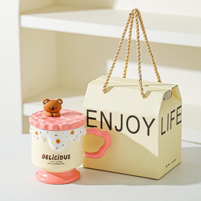 Tecknad Söt Björn Kakor Keramisk Mugg med Lock Högt Värde Kontors Vattenkopp Souvenirgåva Mugg