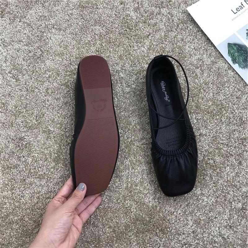 Pleated Single Shoes Women Square Toe Soft Ballet Flats Slip On Solid Color Elegant Dance Shoe Cross Ladies Loafers