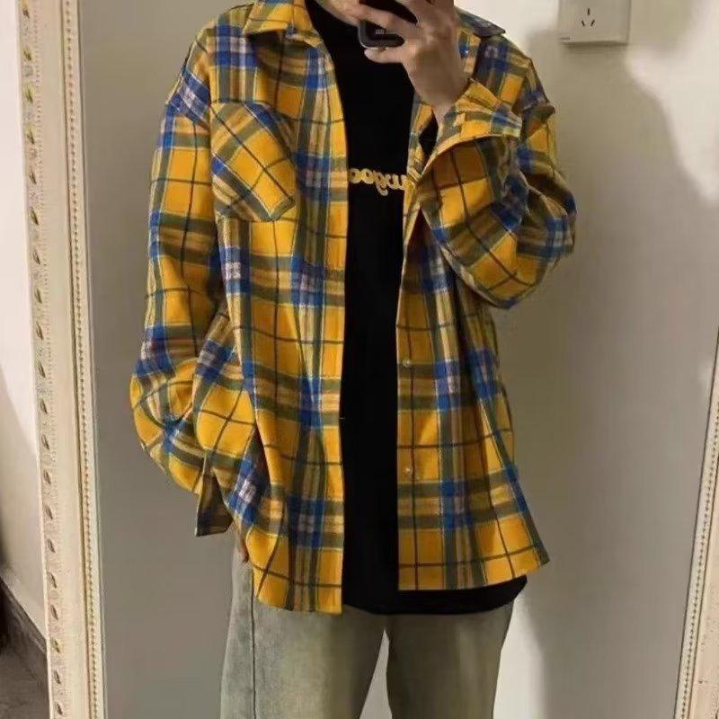 

Унисекс Американская Ретро Желтая Клетчатая Рубашка - Модная, Нишевый Дизайн, Свободная, С Длинным Рукавом, Легкая Солнцезащитная Куртка XL жёлтый