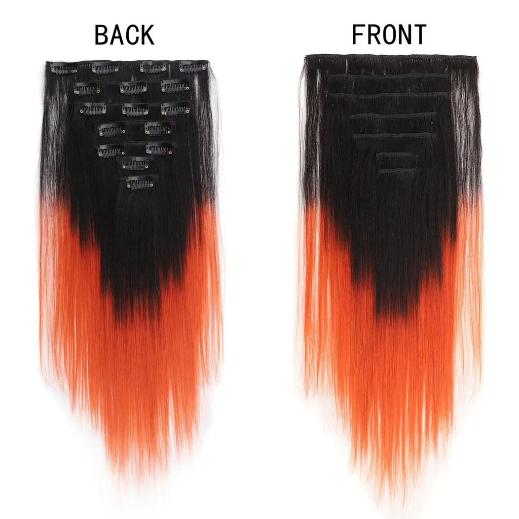 7 szt. doczepianych włosów na klipsy 16 klipsów Krótkie proste syntetyczne dopinki do włosów Czarny pomarańczowy kolor ombre dla dziewcząt do codziennego użytku