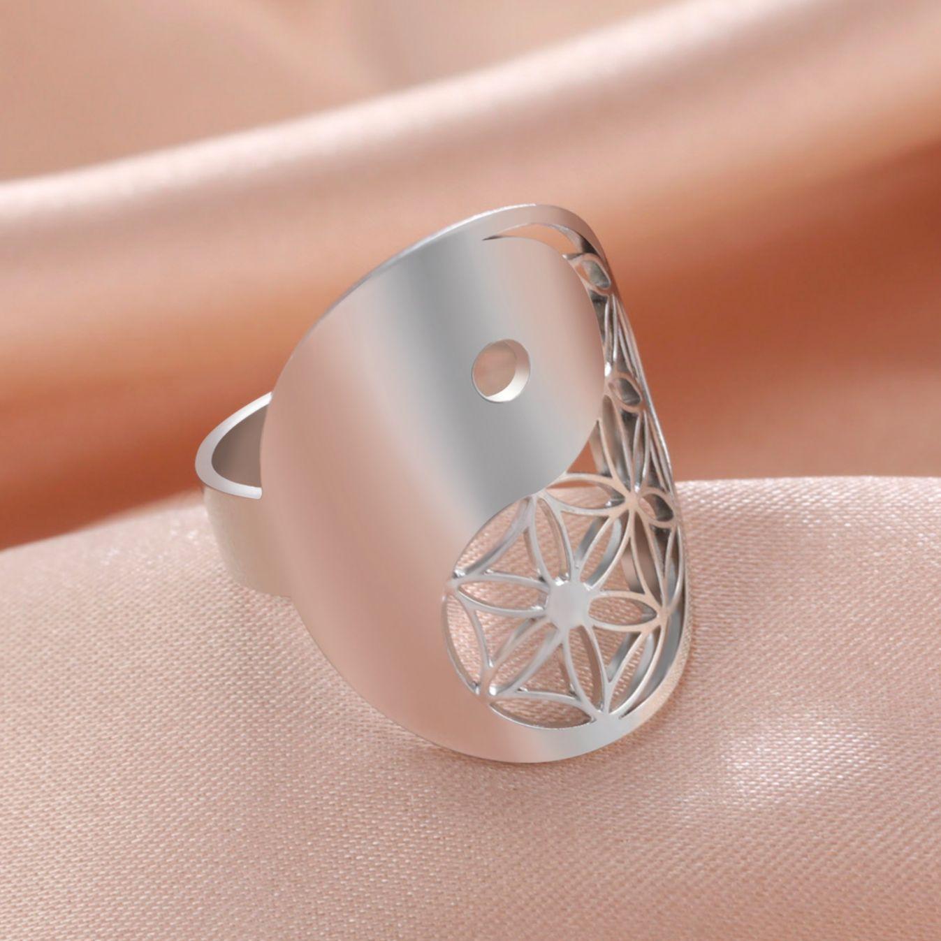 Dawapara Yin Yang Symbol Flower of Life Stainless Steel Ring Adjustable Finger Rings Spiritual Energy Amulet Religious Gift
