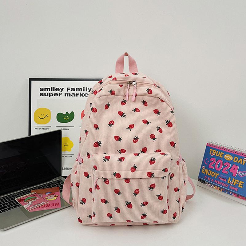 Cord Rucksack mit Erdbeermuster Lässiger Reiserucksack Große Kapazität Mode Teenager Tagesrucksack Verstellbarer Riemen für Outdoor-Reisen AVE
