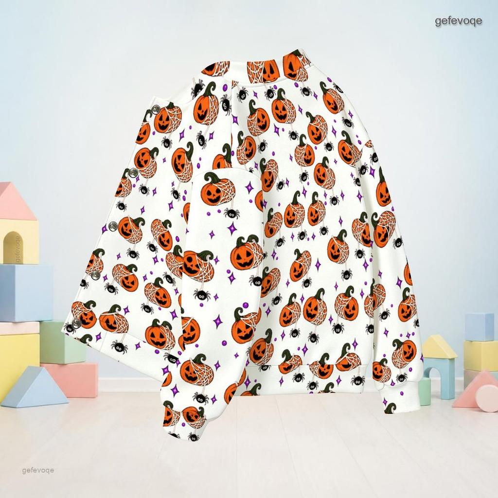 Girls Stand Collar Long Sleeve Jacket Halloween Ghost Bat Print White Casual Top