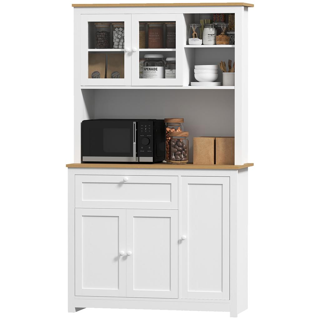Armario de Cocina Estilo Casa de Campo, 1 Vitrina, 1 Estante Abierto, 1 Cajón, 2 Armarios, Natural + Blanco