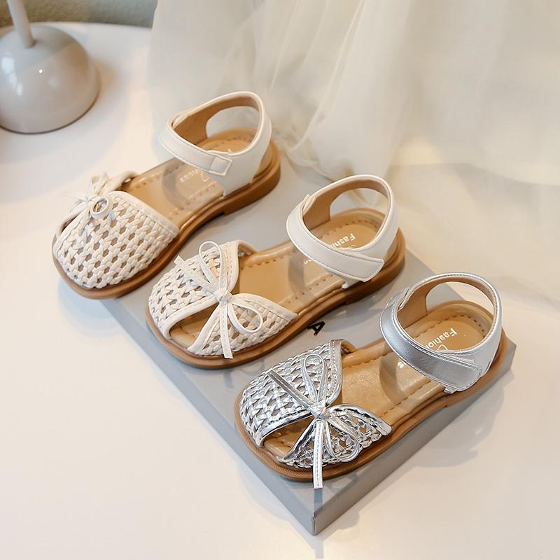 Girls Beach Shoes Weave Breathable Kids Princess Shoes with Simple Bows 2025 Summer New Children Sandals Soild Color Non-slip
