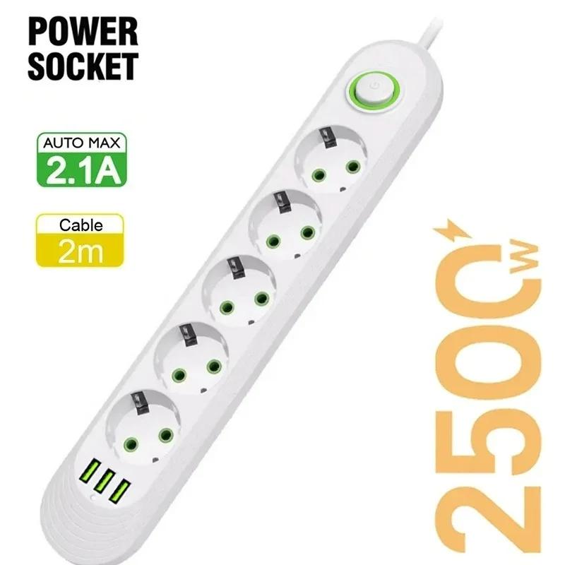 EU Plug Power Strip with 3 USB Ports 2M Cable Extension Cord Socket Network Filter Round Pin AC Outlet Electrical Charge Adapter