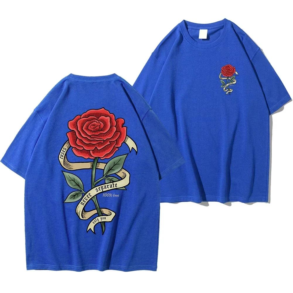 Red Roses Wrapped In Ribbons Print Clothes Men Cotton Breathable Tee Clothes Unisex Oversized Casual Loose T-Shirts Short Sleeve