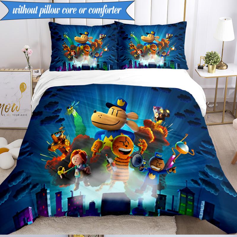 Set Biancheria da Letto Avventura 3 Pezzi Dog Man e Amici Stampa 2D (Include 1 Copripiumino + 2 Federe Senza Imbottitura), Decorazione camera da letto, Regalo ventilatore