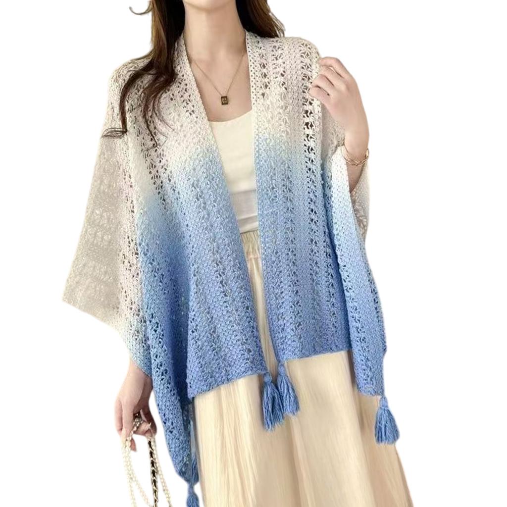 Open Front Fringe Knitted Capelet for Women Soft Breathable Travel Cardigan Shoulder Wrap Hollowed Out Shawl Wrap