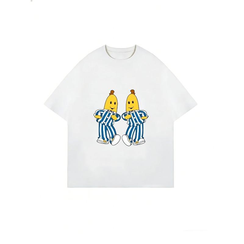 Crewneck T Shirt White Banana Characters In Striped Suits Casual Wear For Women Summer Outfits Fun Graphic Tee Fashionable Top