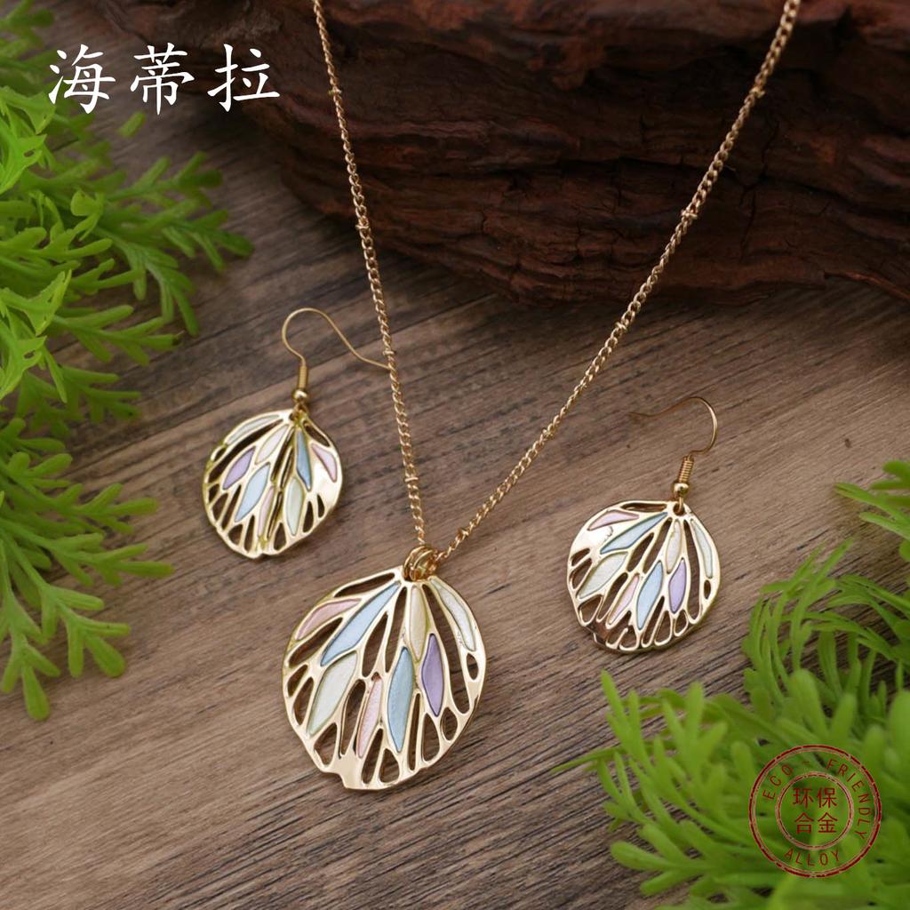 New enamel color hollow leaf earrings pendant set, women's simple versatile leaf necklace