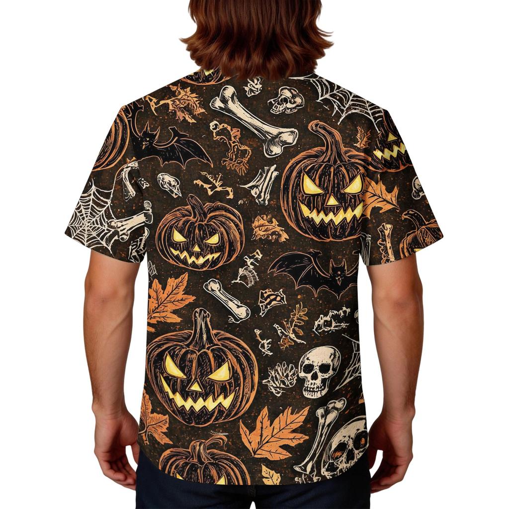Men's Halloween Print V-Neck Scrub Top with Pockets Comfort Fit for Daily Work