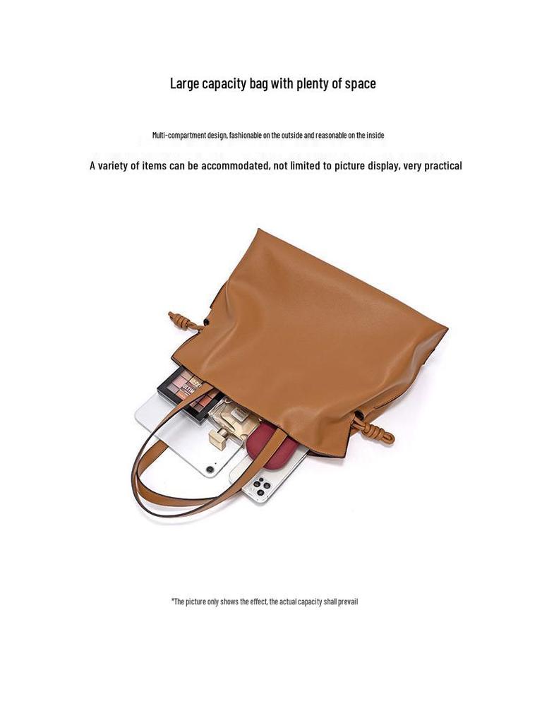 Korean Style Genuine Leather Women’s Pleated Drawstring Shoulder Tote