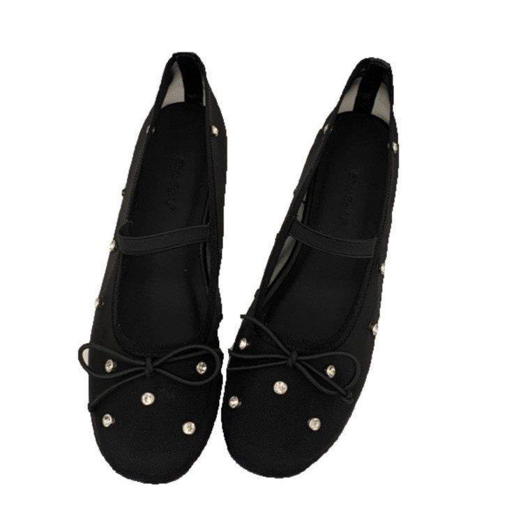 Bow fashion princess shoes soft sole with temperament one word mesh round head rhinestone sweet shallow mouth single shoes flat shoes