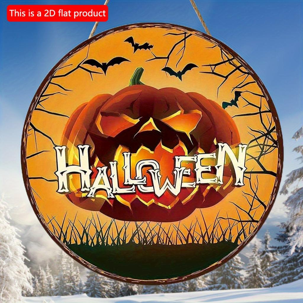 2d Flat 20*20cm, Halloween Home Decoration, Halloween Scary Pumpkin, Wooden Circular Decorative Logo, Creative Decorative Plaque, for Home, Kitchen