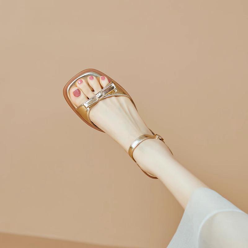 Fairy style square head middle heel with sandals women's outer wear 2025 summer fashion bow open-toed low-heeled women's shoes
