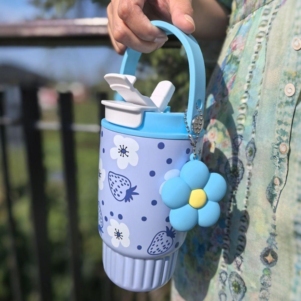 500ML 316 Stainless Steel Straw Cup Strawberry Fruit Print Insulation or Cooling Thermal Tote Water Bottle with Flower Pendant