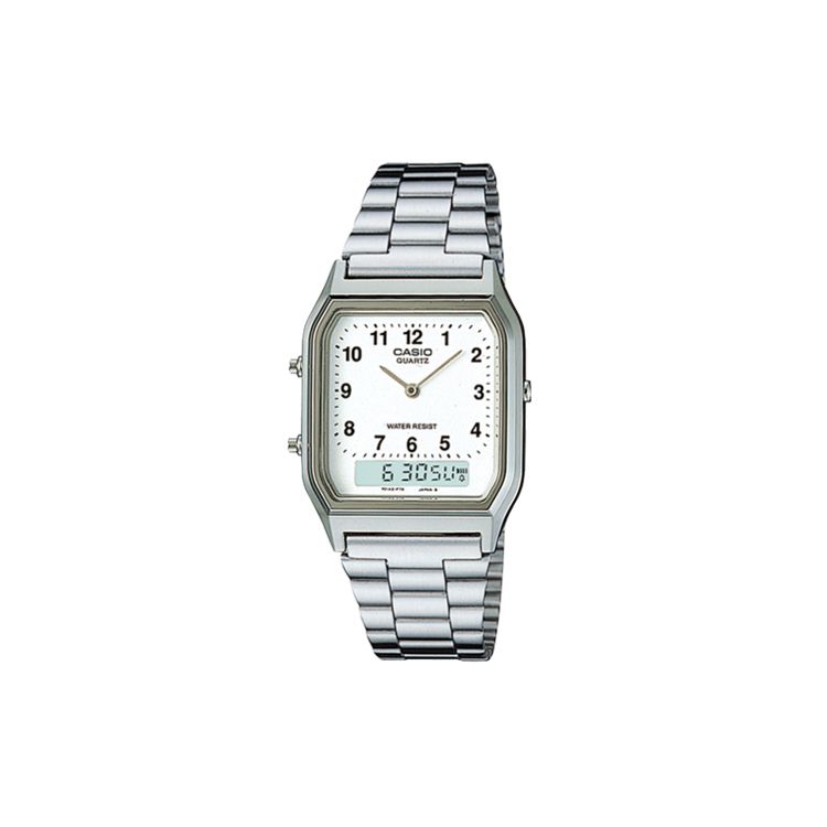 

Casio Youth Series Square Dial Dual Display Standard Classic Pointer Multifunctional Watch Quartz Movement Stainless Steel Strap AQ-230A-7B Regular Watch Box,White Dial