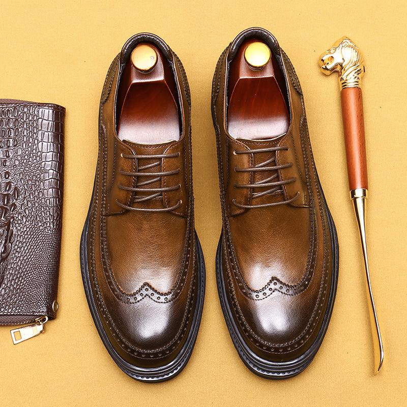 Business Casual Leather Shoes Men'S Genuine Leather Soft Leather Platform British Brock Engraved Men'S Shoes