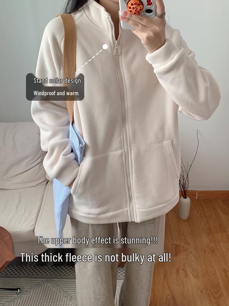 Women's Fleece Jacket with Lamb Wool Lining - Warm Zip Cardigan for Autumn/Winter