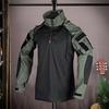Camisa tática camuflada masculina, manga comprida, gola alta, zíper 1/4, camiseta de combate, uniforme camuflado com capuz removível para airsoft, caça e caminhada