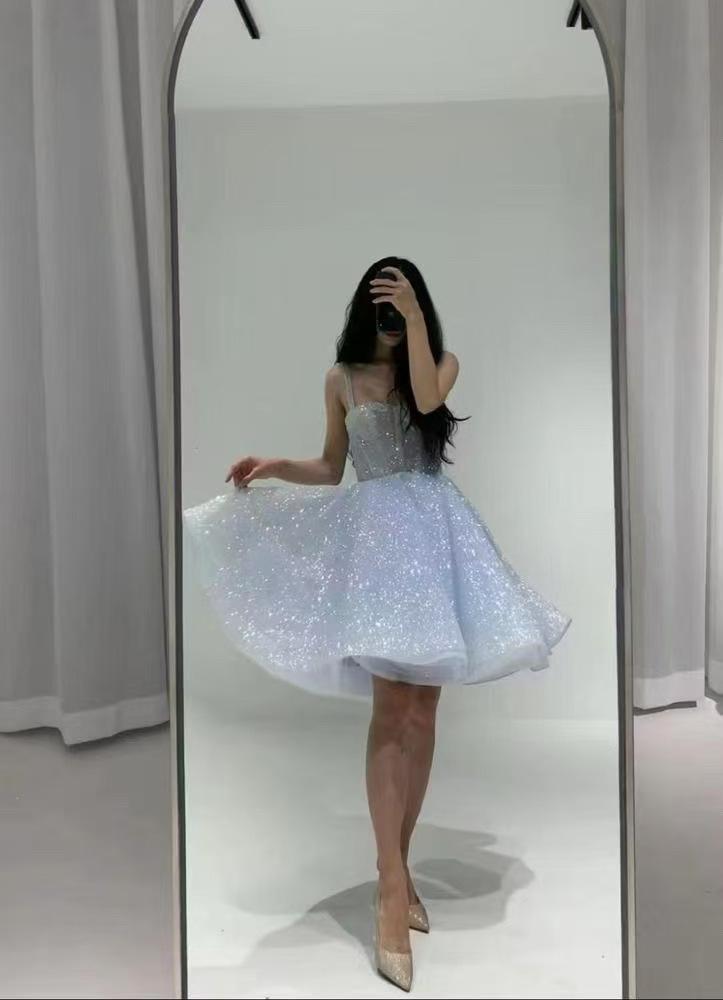 French Suspender Dress Birthday Dress Light Blue Sequined Tutu Dress Women's Light Luxury Niche Short Dress New