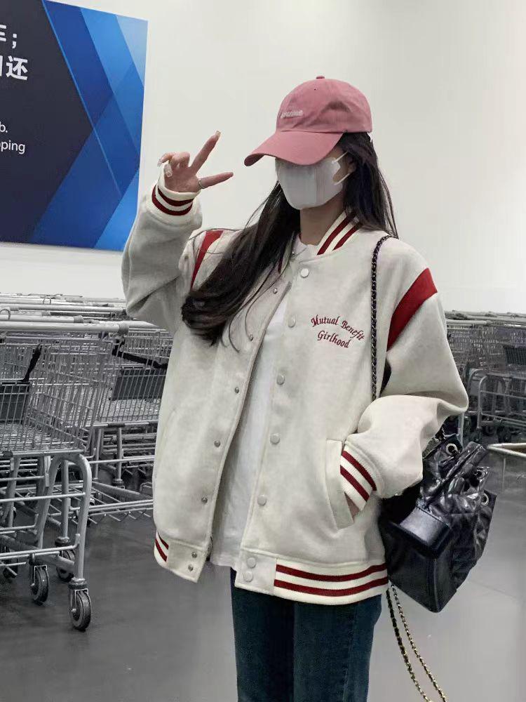 Women's European Style Short, Loose Baseball Jacket, Petite-Friendly, Academic American High Street Fashion, Plus Size, for Spring & Autumn