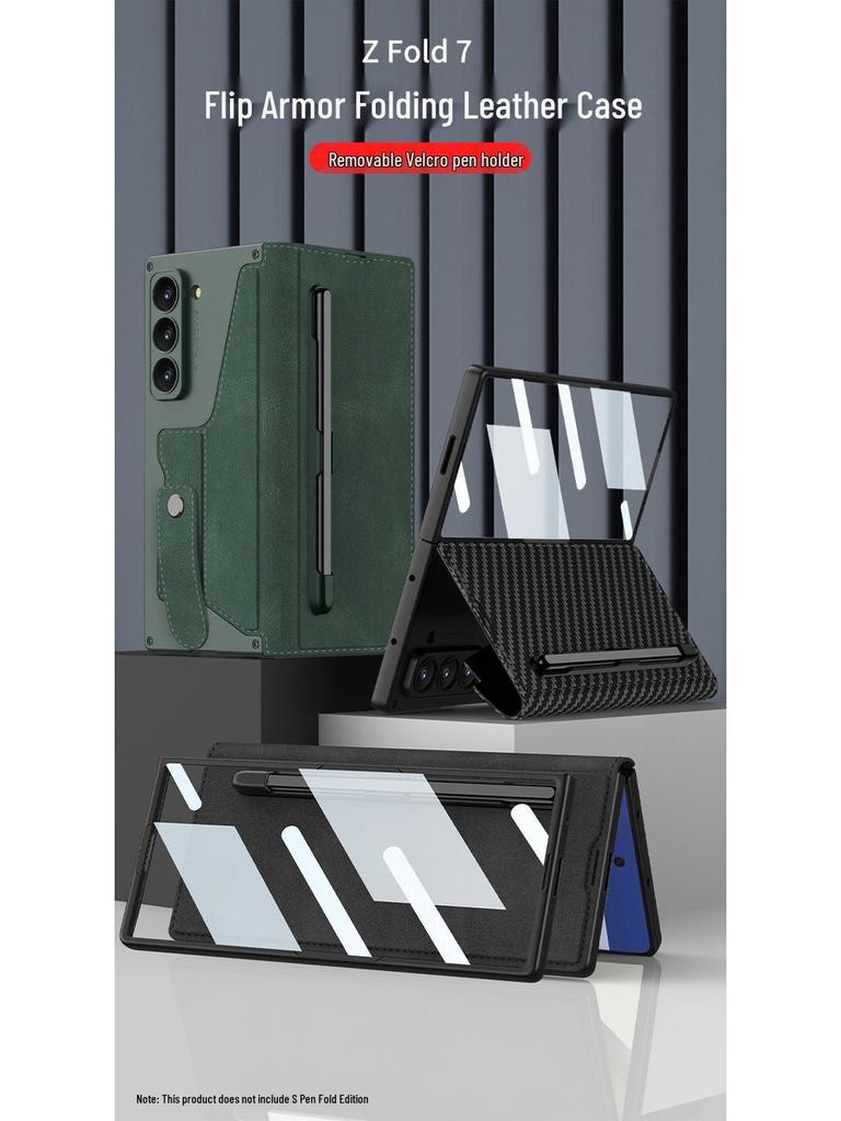 Samsung Z Fold7 Business Style Armor Flip Case with Pen Slot, Card Holder, and Screen Protector.