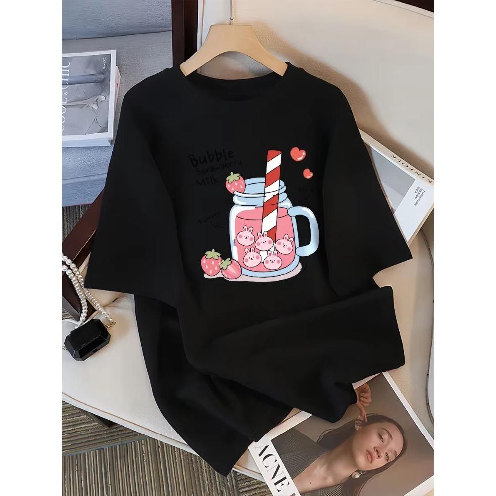 

Вкусный клубничный напиток Принтованная женская футболка Летняя дышащая уличная спортивная крутая футболка с коротким рукавом Женская одежда XL